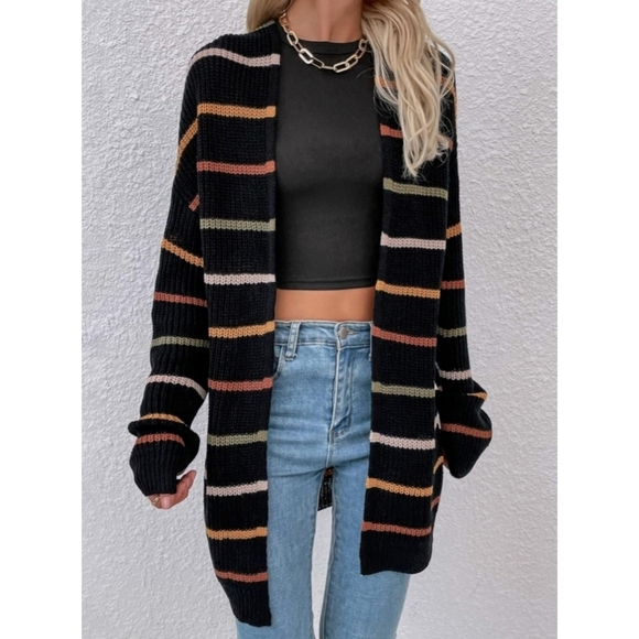 Women's Casual Cardigan Sweaters Drop Shoulder Striped Cardigan Knit Outwear - Picture 2 of 6